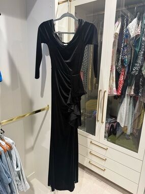 bloom Black Velvet Long-Sleeve Draped Ruffle Gown